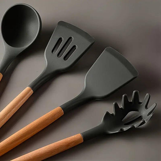 Kit 12 Utensílios Cozinha de Silicone e Madeira