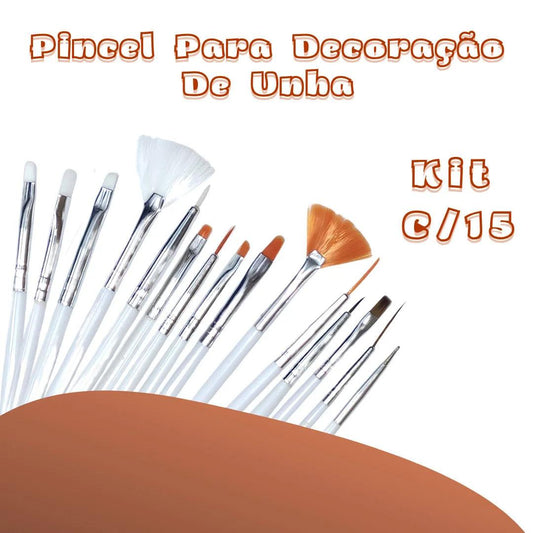 Kit com 15 pincéis para decoração de unhas