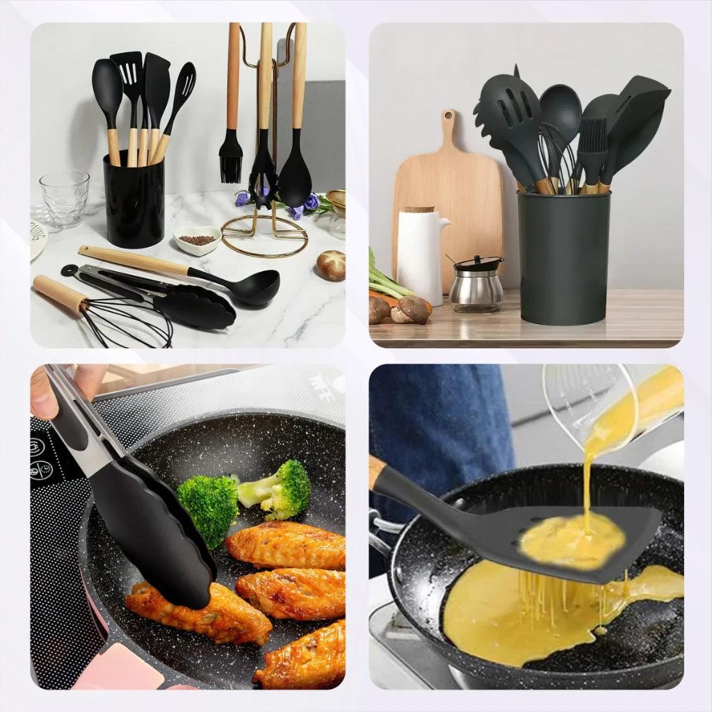 Kit 12 Utensílios Cozinha de Silicone e Madeira