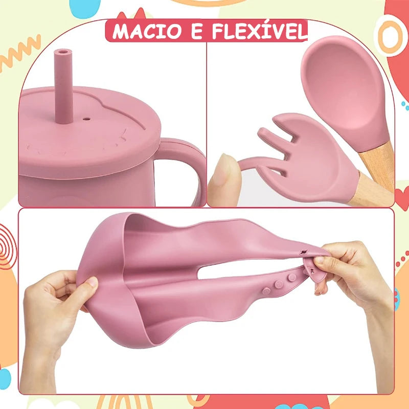 Conjunto Infantil de Utensílios de silicone para alimentação infantil
