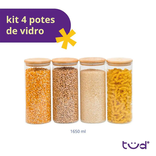 Kit com 4 potes herméticos de vidro com tampa de bambu - Tüd