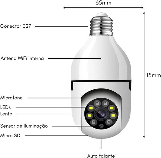 Câmera Lâmpada Vision360 Pro – Segurança Wi-Fi com Áudio e Alarme Inteligente
