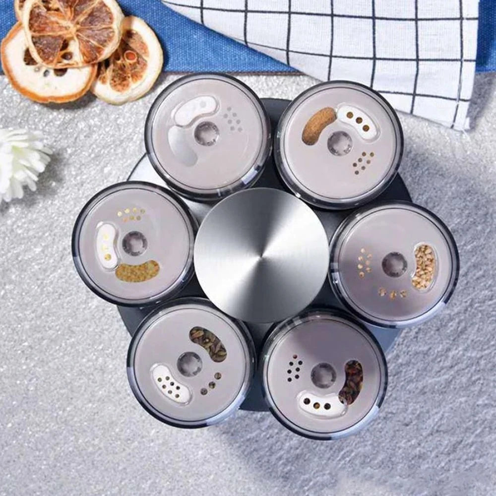 Kit com 6 Porta  condimentos de vidro com suporte giratório em inox