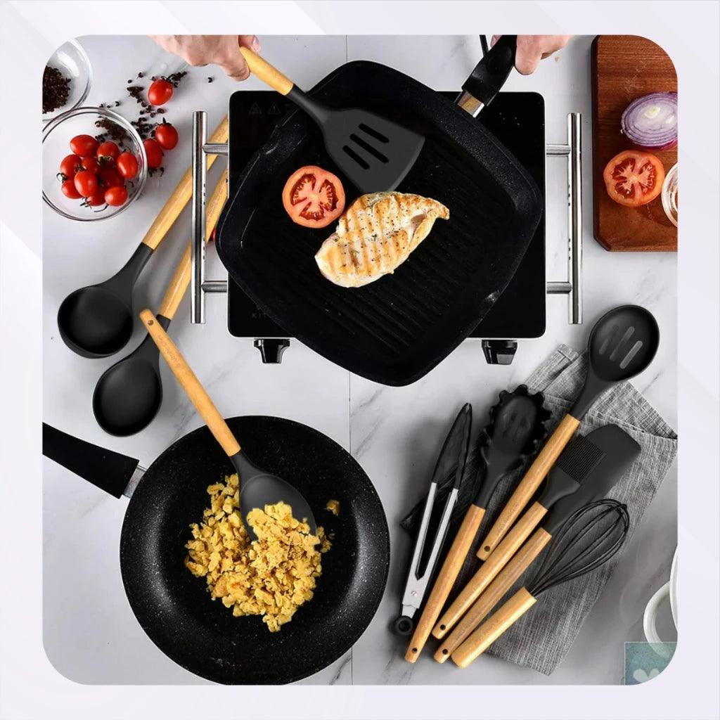 Kit 12 Utensílios Cozinha de Silicone e Madeira