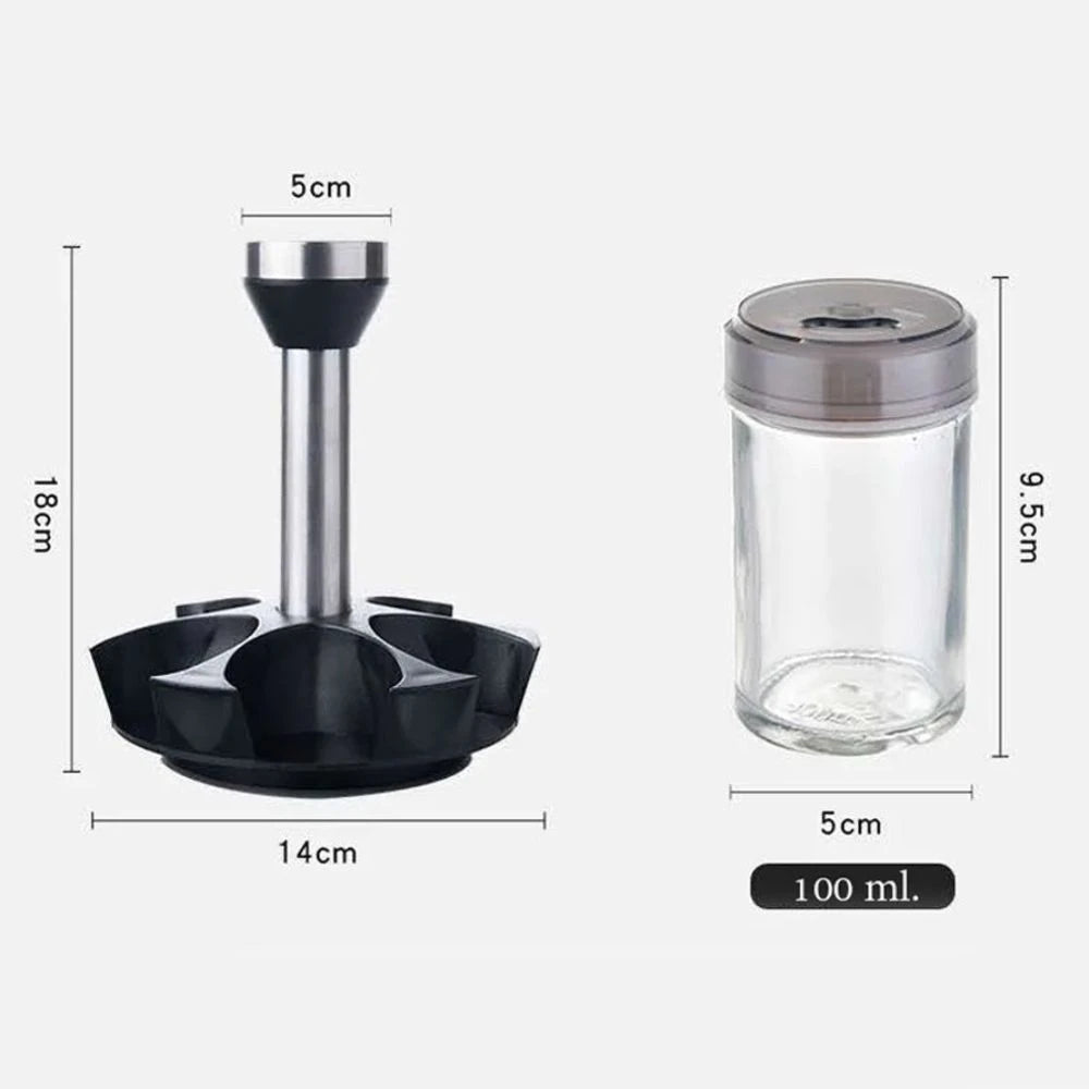Kit com 6 Porta  condimentos de vidro com suporte giratório em inox