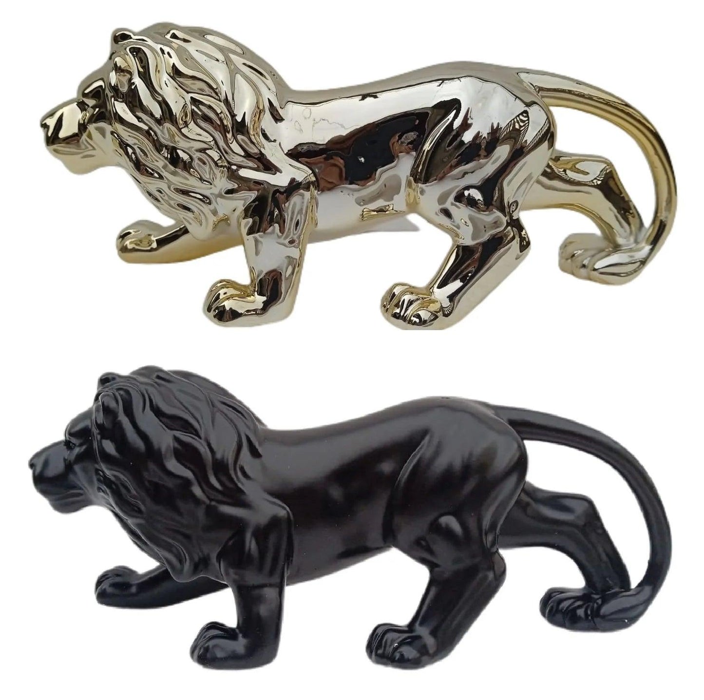 Estatua Leão 24cm Decorativo em Porcelana Preto ou Dourado