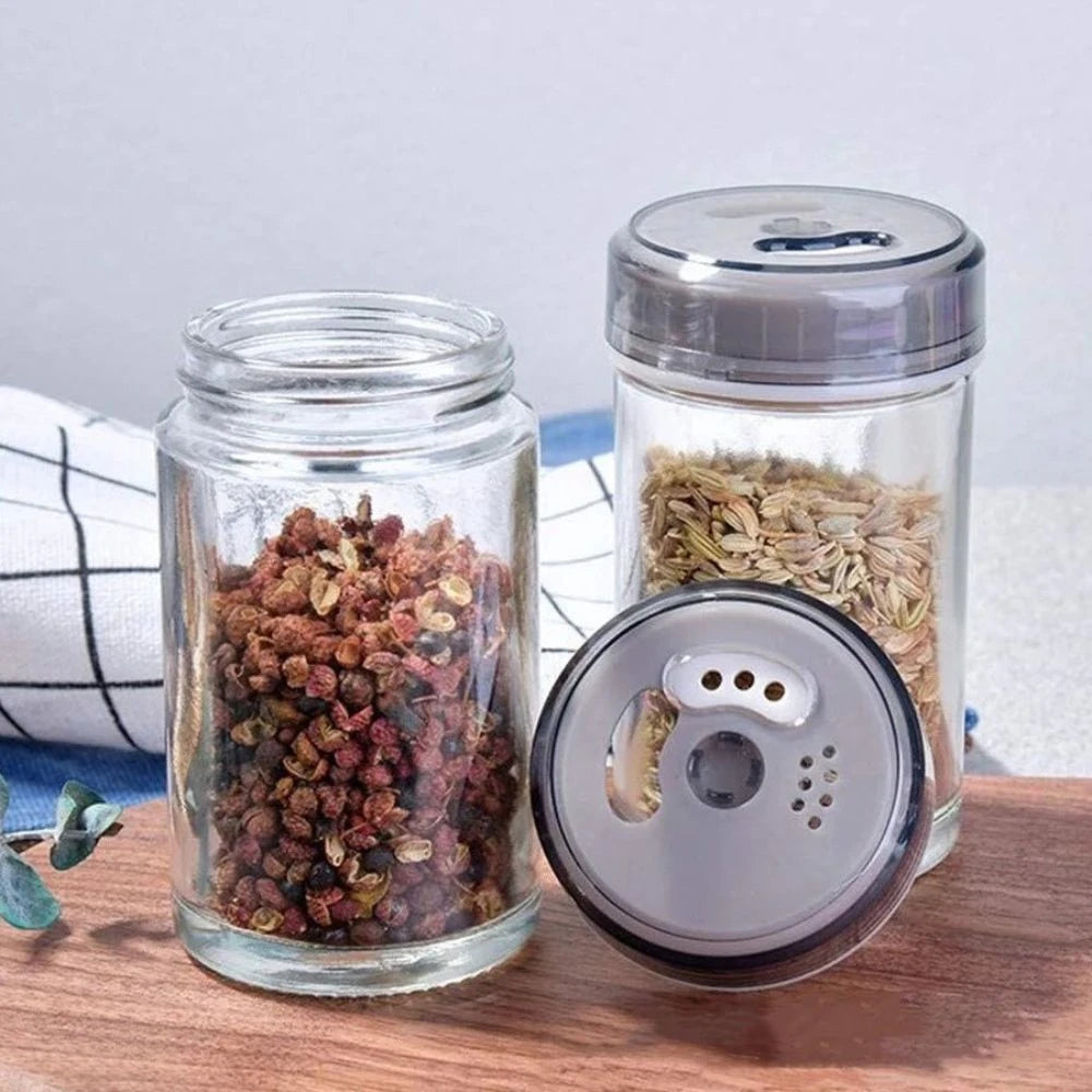 Kit com 6 Porta  condimentos de vidro com suporte giratório em inox