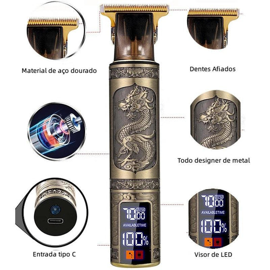 Maquina de Cortar Cabelo LCD Dragão/Buda Dourada