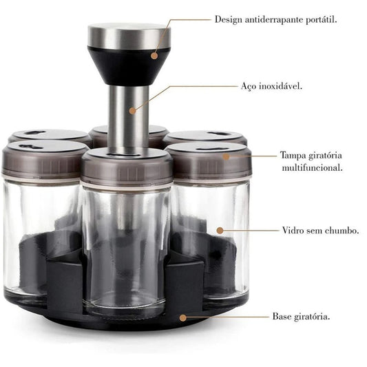 Kit com 6 Porta  condimentos de vidro com suporte giratório em inox