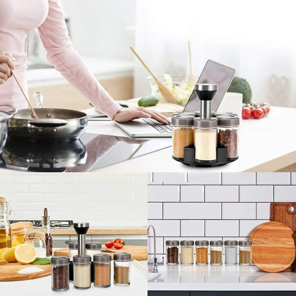 Kit com 6 Porta  condimentos de vidro com suporte giratório em inox
