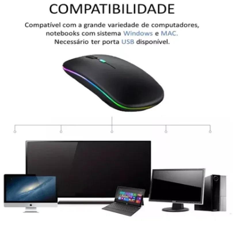Mouse Bluetooth RGB Bateria Interna Recarregável de Longa Duração
