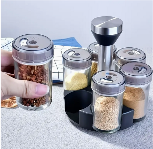 Kit com 6 Porta  condimentos de vidro com suporte giratório em inox