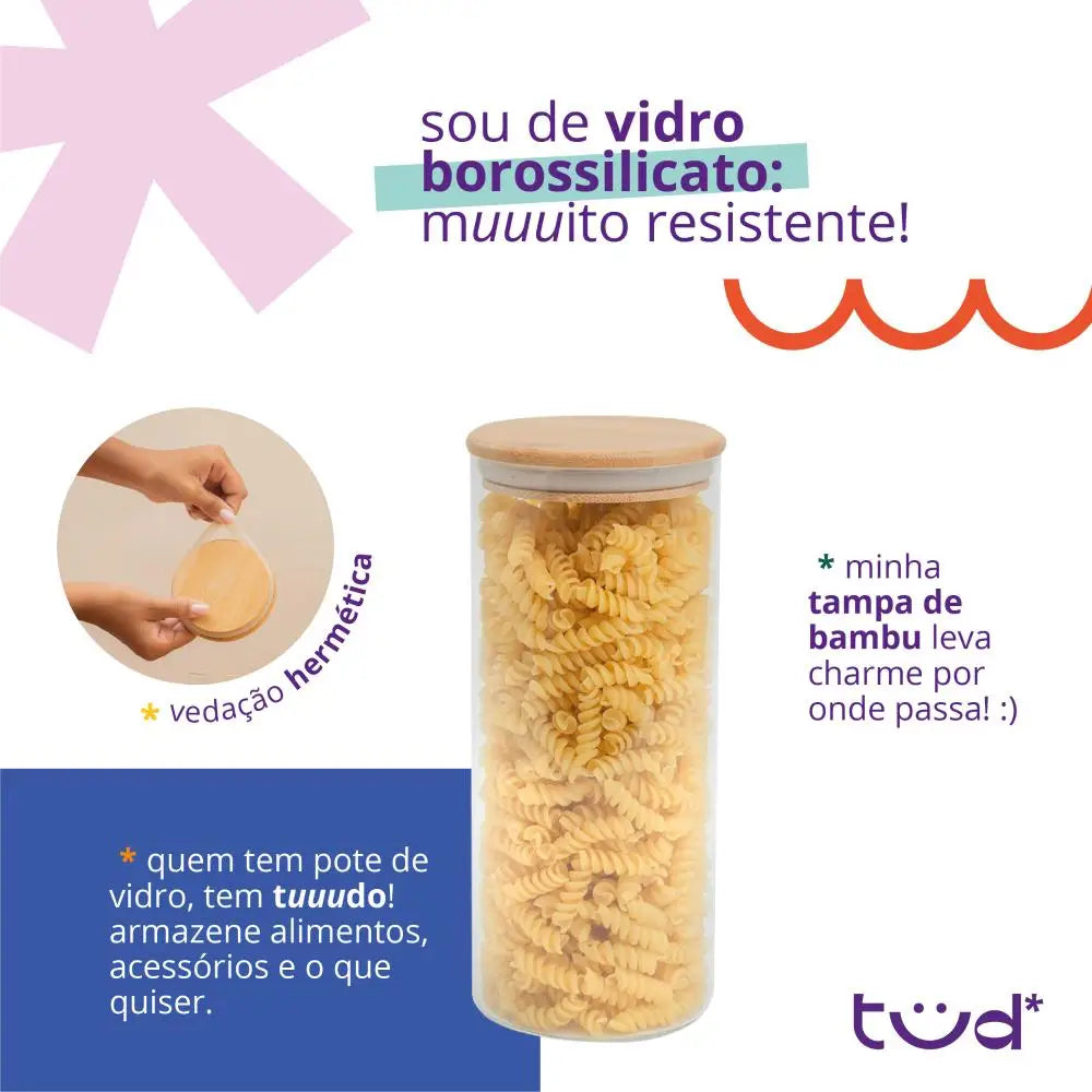 Kit com 4 potes herméticos de vidro  com tampa de bambu - Tüd