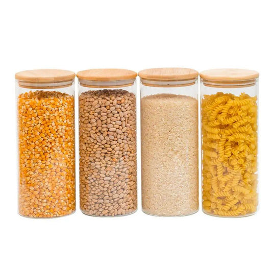 Kit com 4 potes herméticos de vidro  com tampa de bambu - Tüd