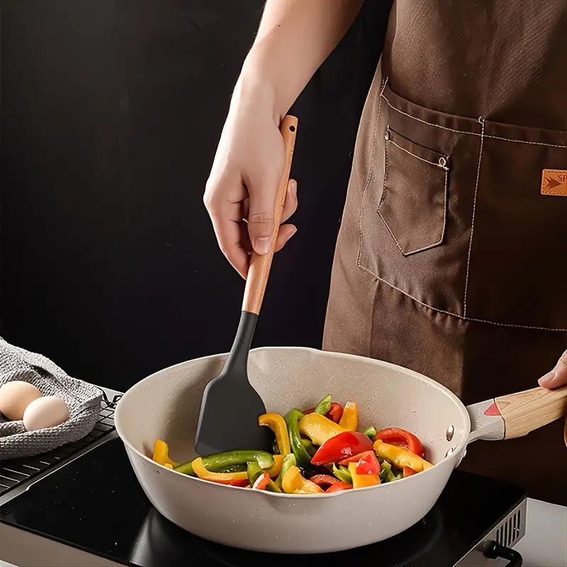 Kit 12 Utensílios Cozinha de Silicone e Madeira
