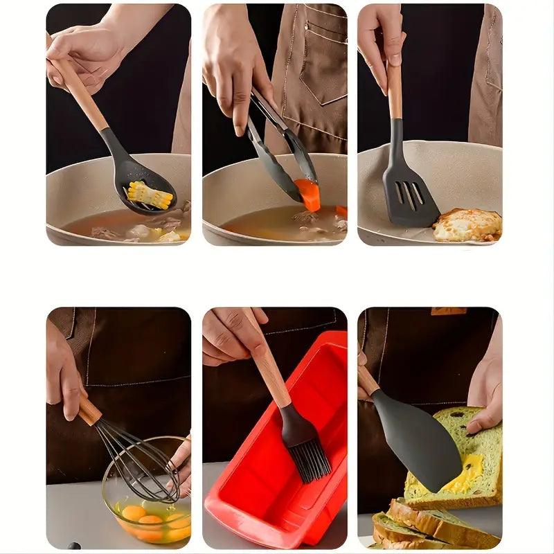 Kit 12 Utensílios Cozinha de Silicone e Madeira