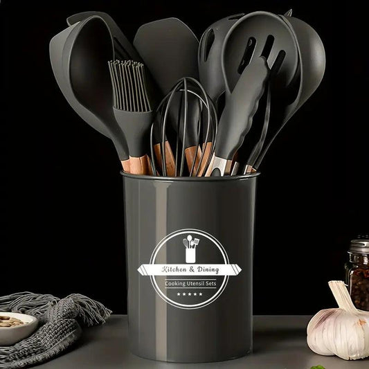 Kit 12 Utensílios Cozinha de Silicone e Madeira